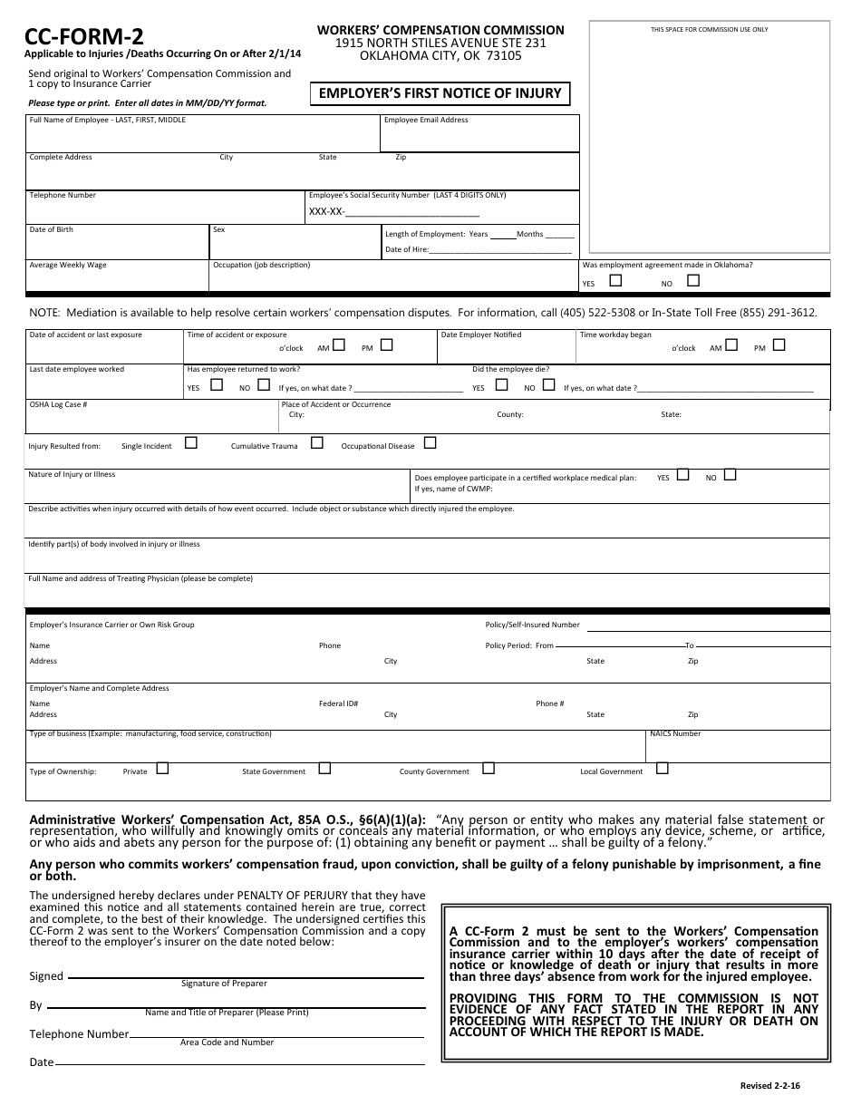 CC- Form 2 Employer First Notice of Injury - Oklahoma, Page 1