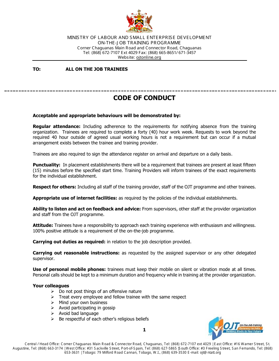 Code of Conduct Template - Ojt - Trinidad and Tobago, Page 1