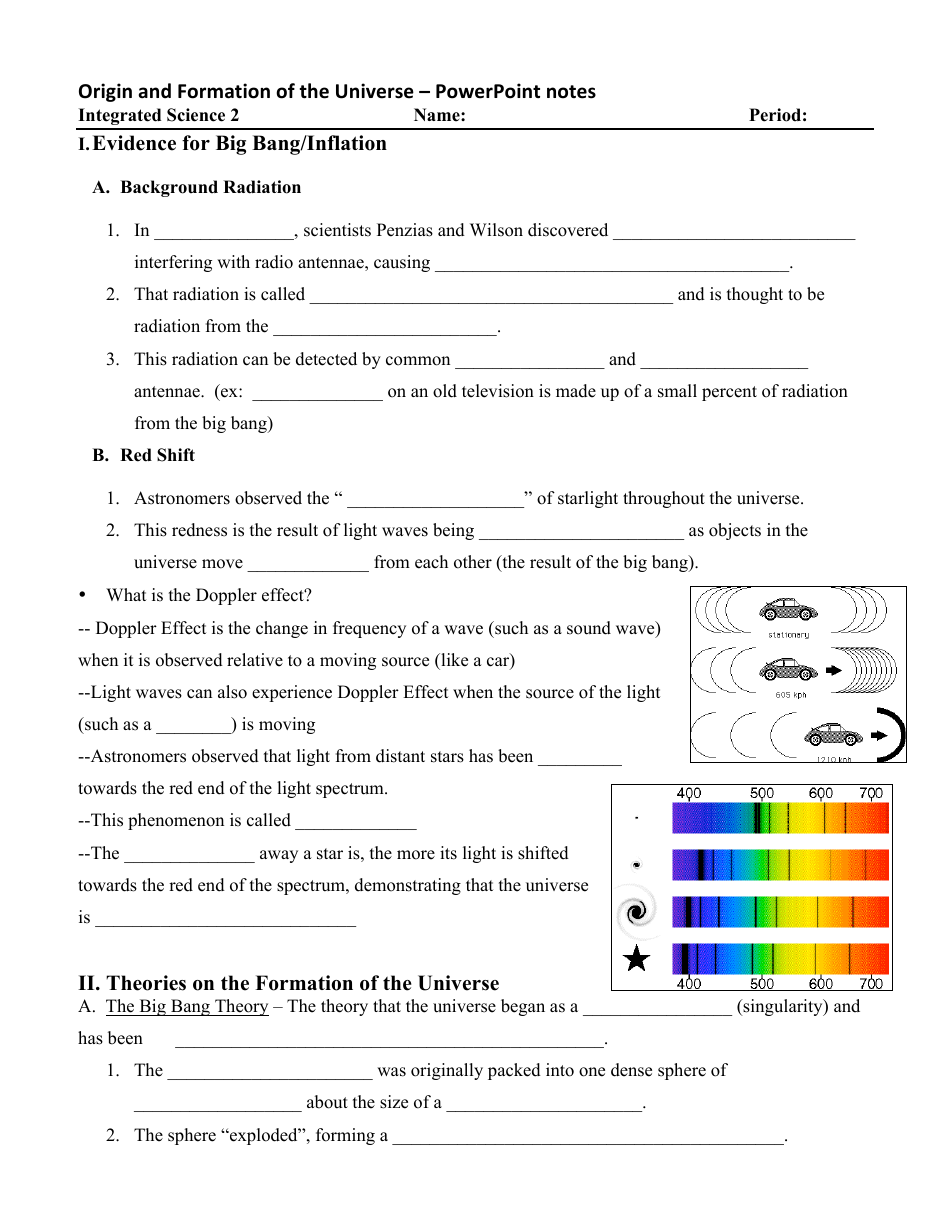 Origin and Formation of the Universe Worksheet - Integrated Science 2, Tamalpais Union High School District Preview Image