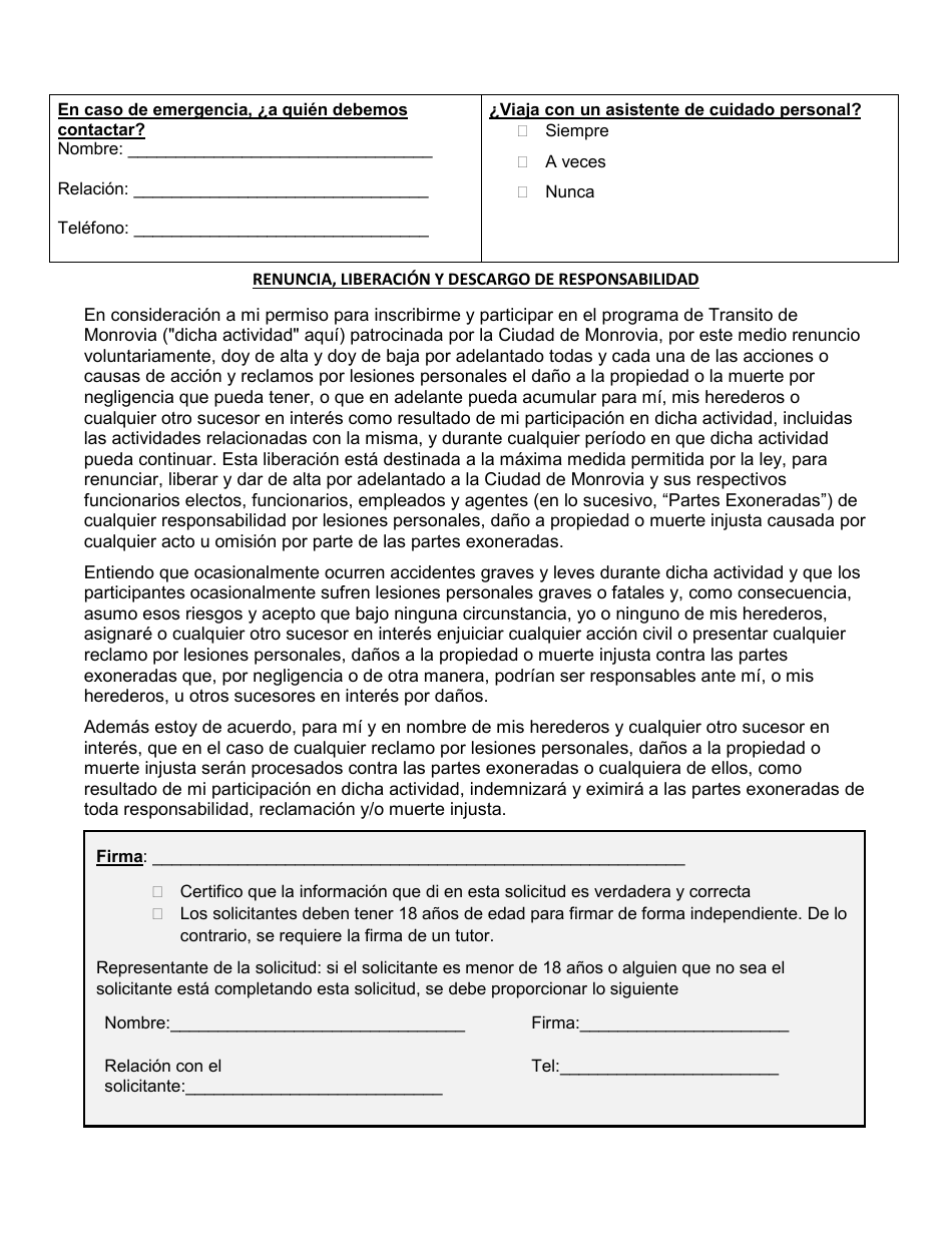 Solicitud Para El Transito De Monrovia - City of Monrovia, California (Spanish), Page 2