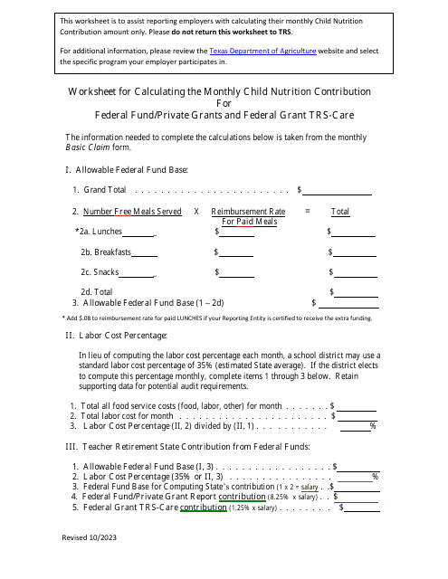 Worksheet for Calculating the Monthly Child Nutrition Contribution for Federal Fund / Private Grants and Federal Grant Trs-Care - Texas Download Pdf