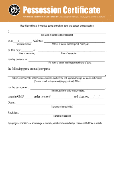 Possession Certificate - New Mexico Download Pdf