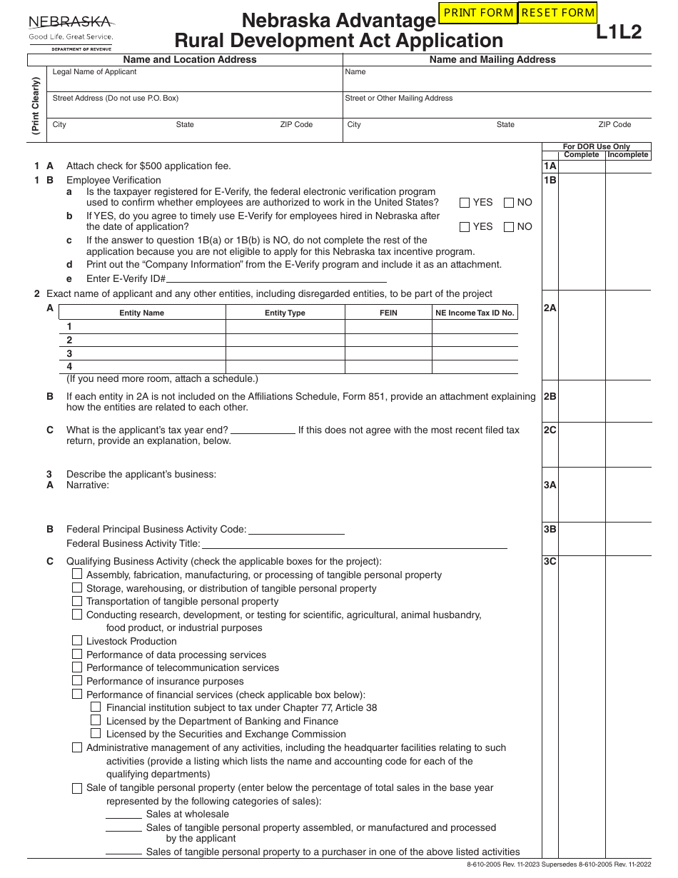 Form L1L2 Nebraska Advantage Rural Development Act Application - Nebraska, Page 1