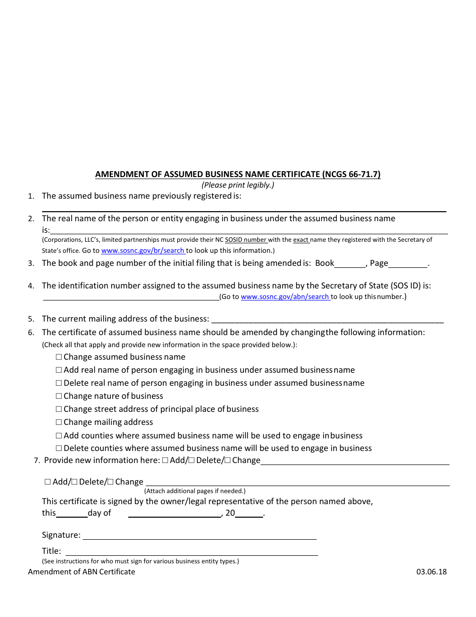 Amendment of Assumed Business Name Certificate - North Carolina, Page 1