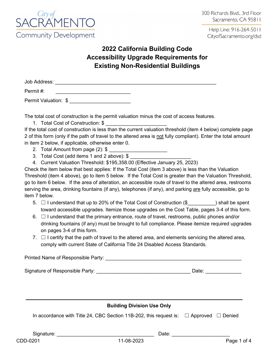 Form CDD-0201 Accessibility Upgrade Requirements for Existing Non-residential Buildings (Declaration and Certification) - City of Sacramento, California, Page 1