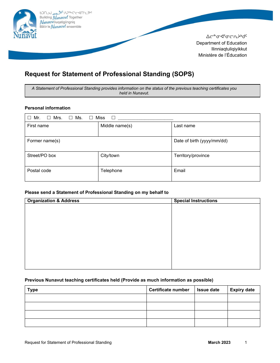 Request for Statement of Professional Standing (Sops) - Nunavut, Canada, Page 1