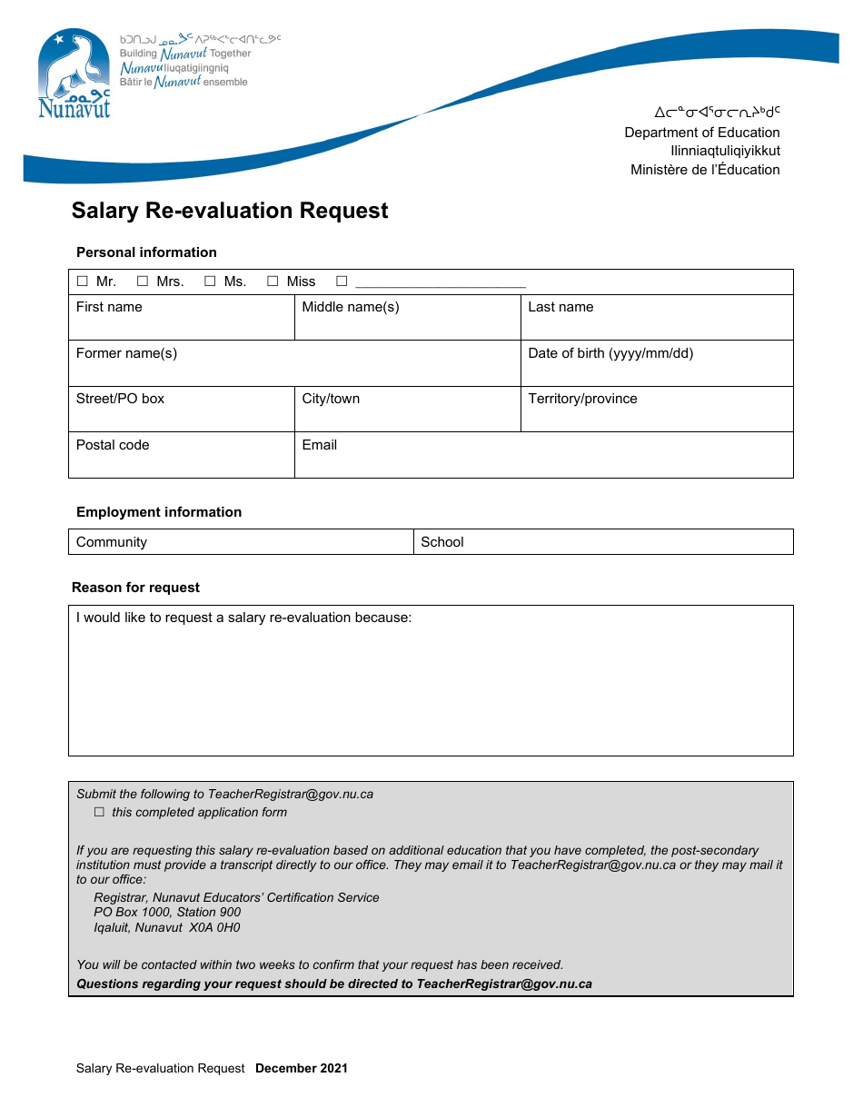 Salary Re-evaluation Request - Nunavut, Canada, Page 1