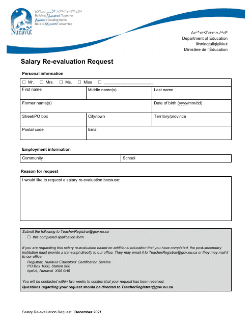Salary Re-evaluation Request - Nunavut, Canada Download Pdf