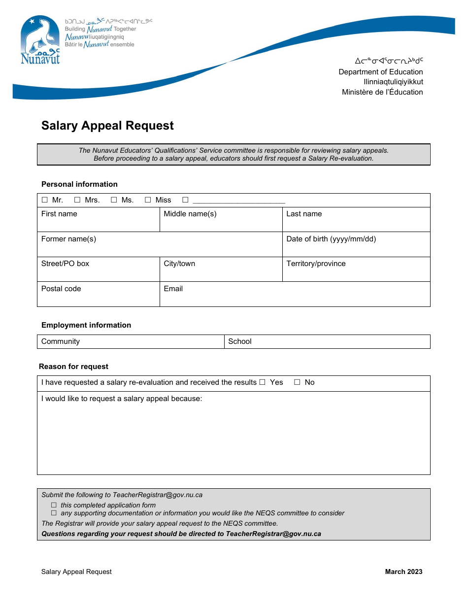 Salary Appeal Request - Nunavut, Canada, Page 1