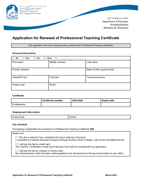 Application for Renewal of Professional Teaching Certificate - Nunavut, Canada Download Pdf