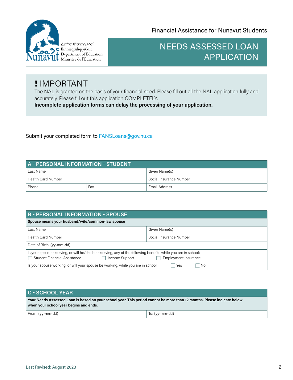 Needs Assessed Loan Application - Nunavut, Canada, Page 2