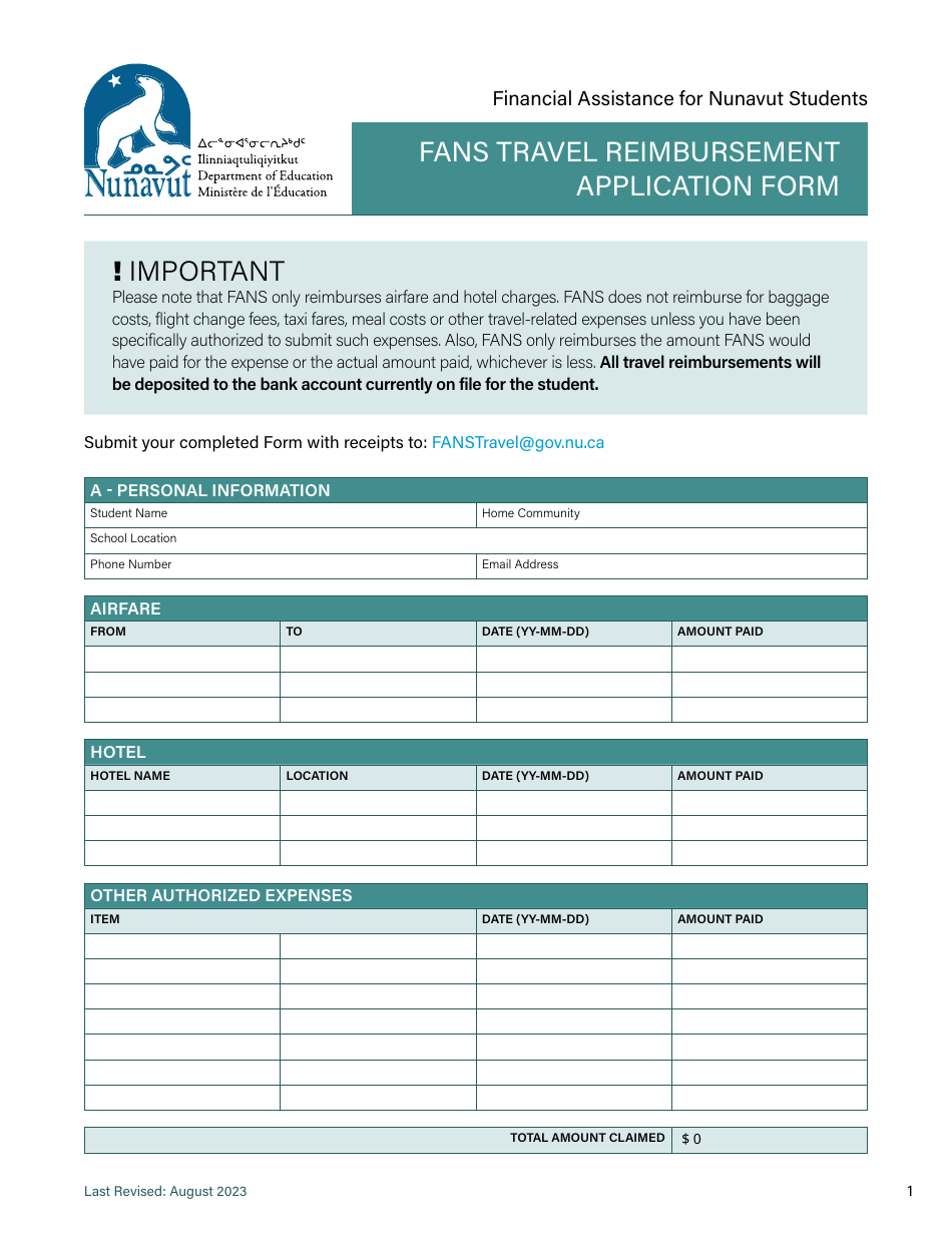 Fans Travel Reimbursement Application Form - Nunavut, Canada, Page 1