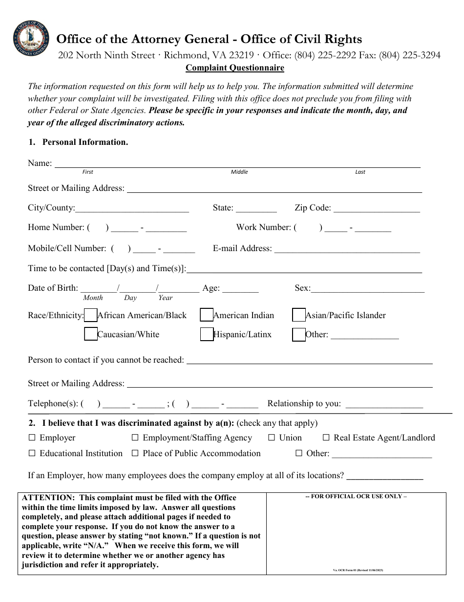 Va. OCR Form 01 Complaint Questionnaire - Virginia, Page 1
