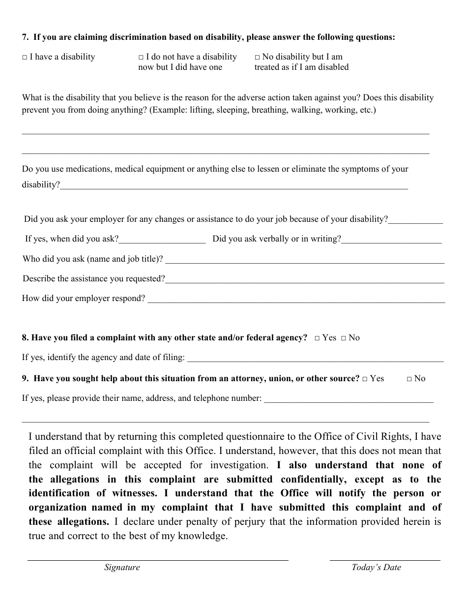 Va. OCR Form 01 Complaint Questionnaire - Virginia, Page 4