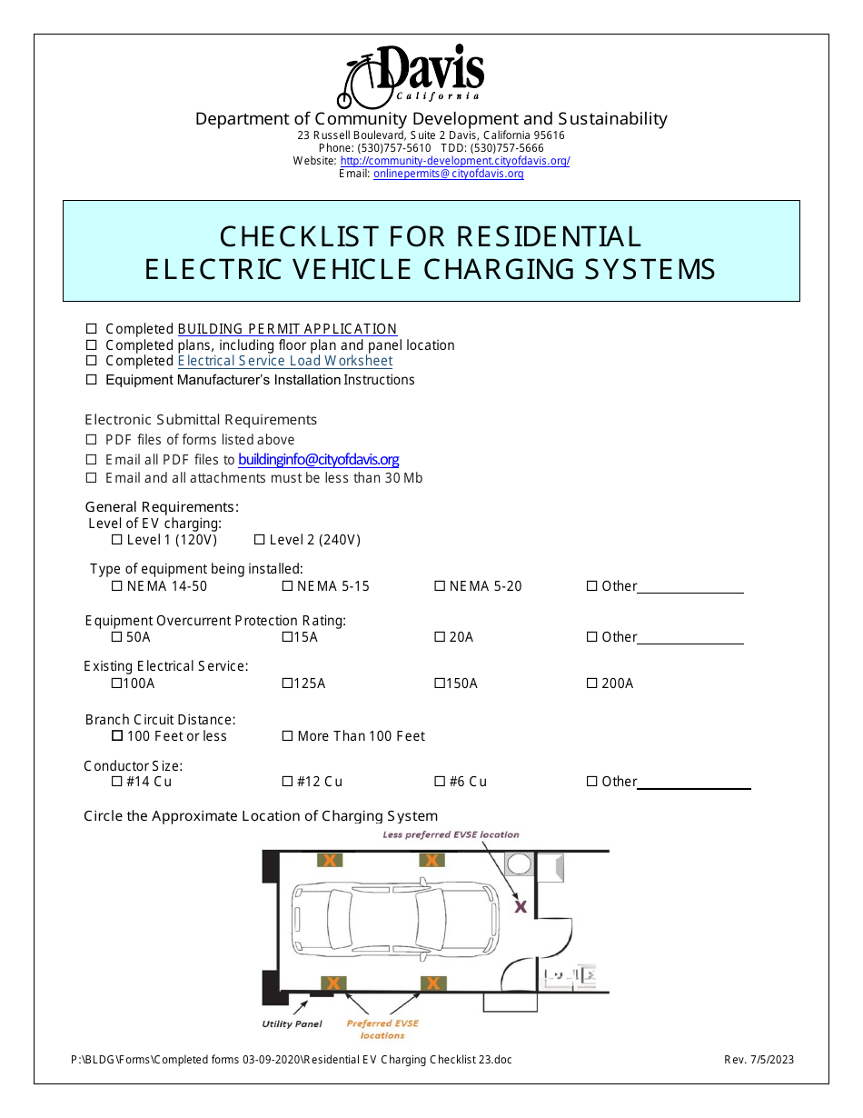 Checklist for Residential Electric Vehicle Charging Systems - City of Davis, California, Page 1