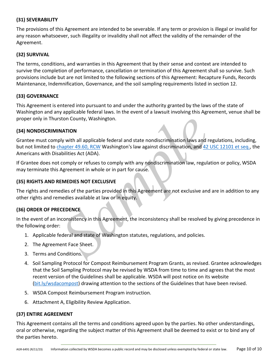 Form AGR-6491 Grant Agreement Contract - Compost Reimbursement Program - Sample - Washington, Page 10