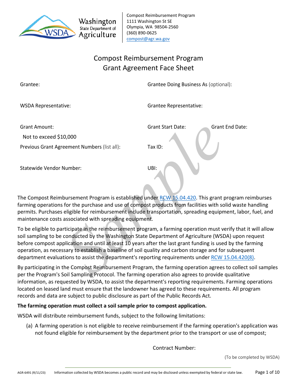 Form AGR-6491 Grant Agreement Contract - Compost Reimbursement Program - Sample - Washington, Page 1