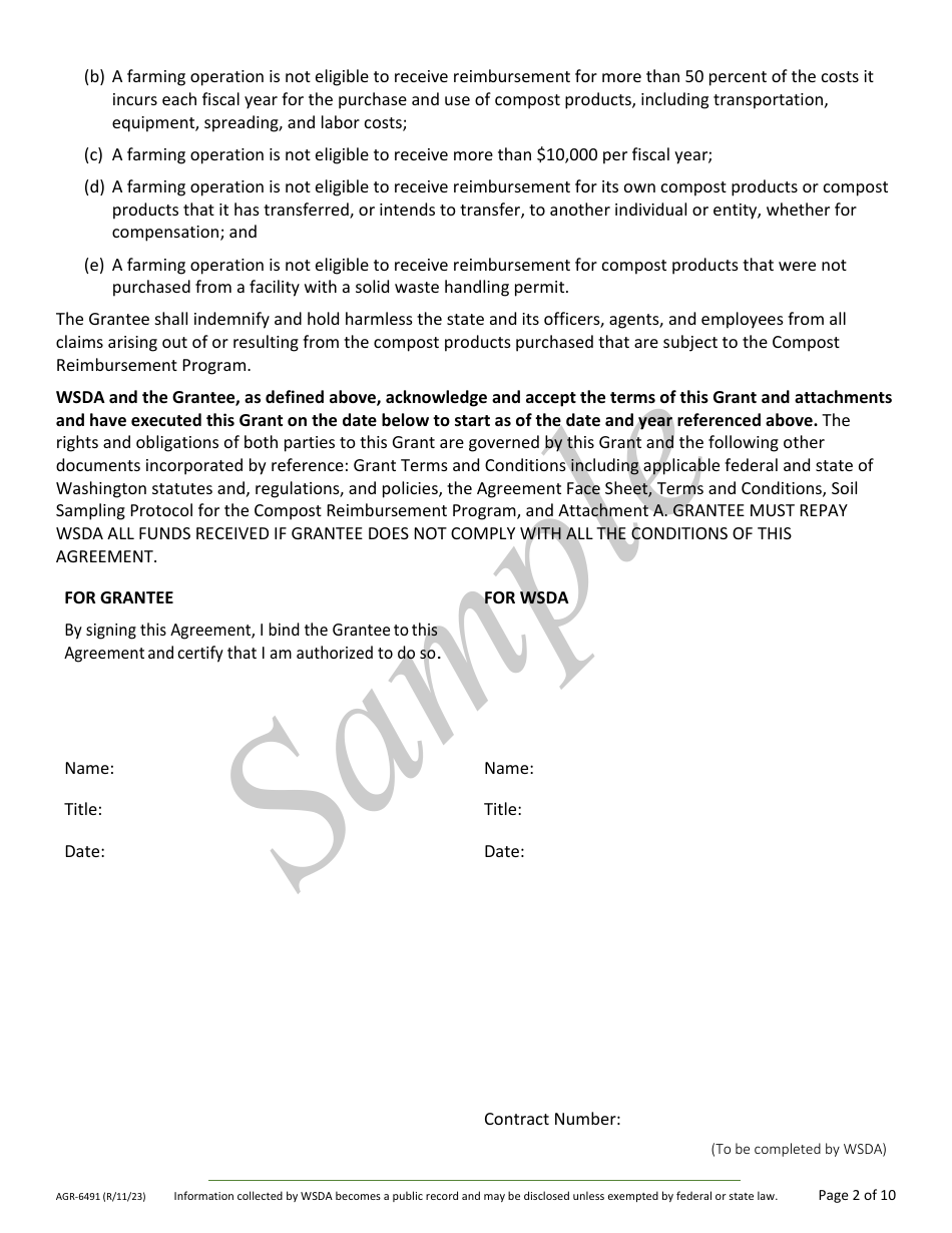 Form AGR-6491 Grant Agreement Contract - Compost Reimbursement Program - Sample - Washington, Page 2