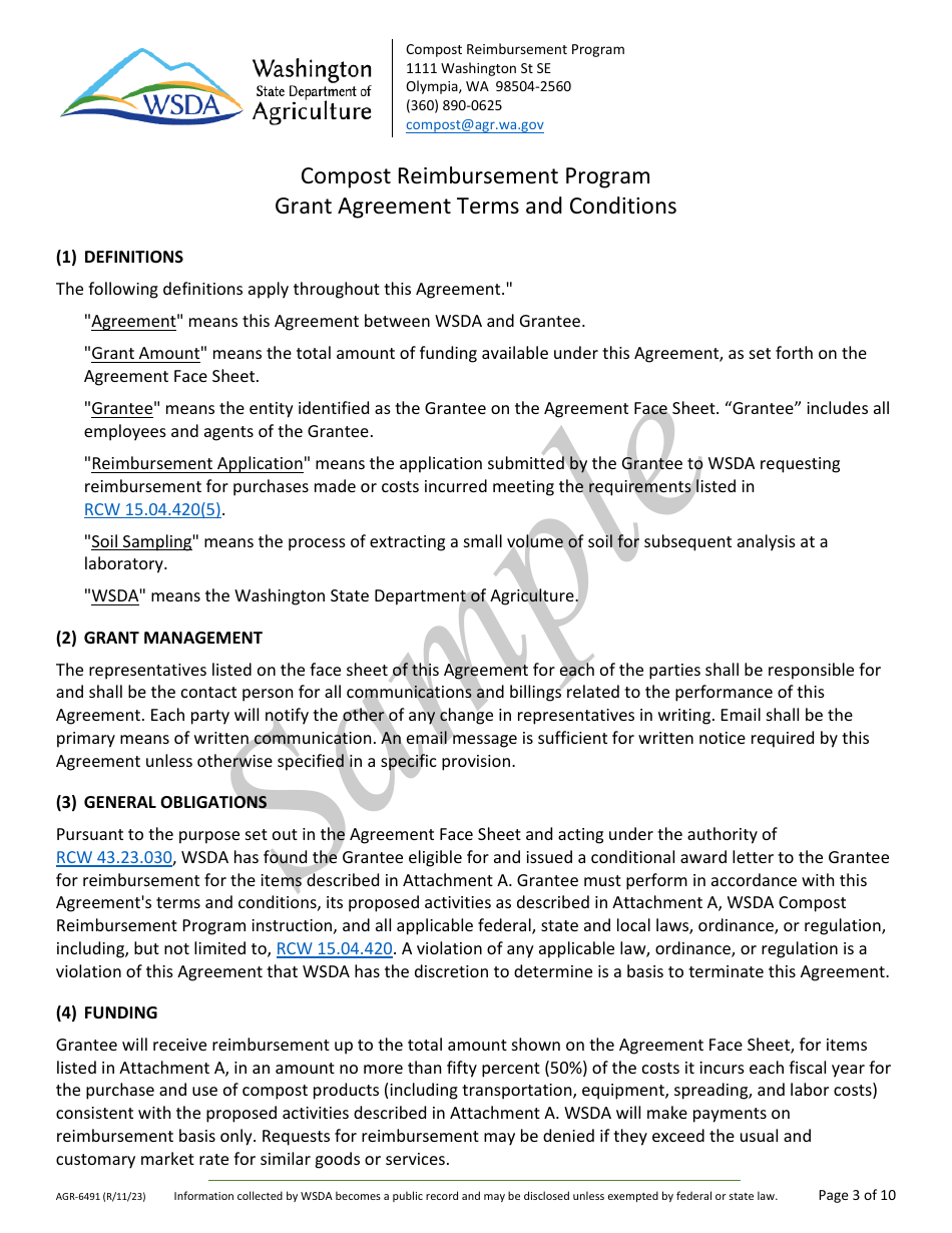 Form AGR-6491 Grant Agreement Contract - Compost Reimbursement Program - Sample - Washington, Page 3