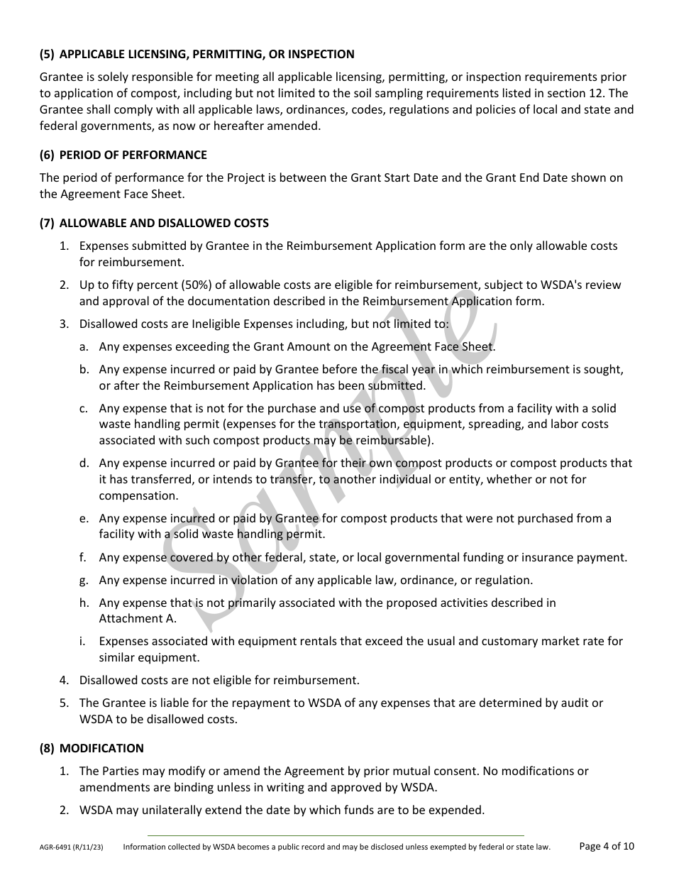Form AGR-6491 Grant Agreement Contract - Compost Reimbursement Program - Sample - Washington, Page 4