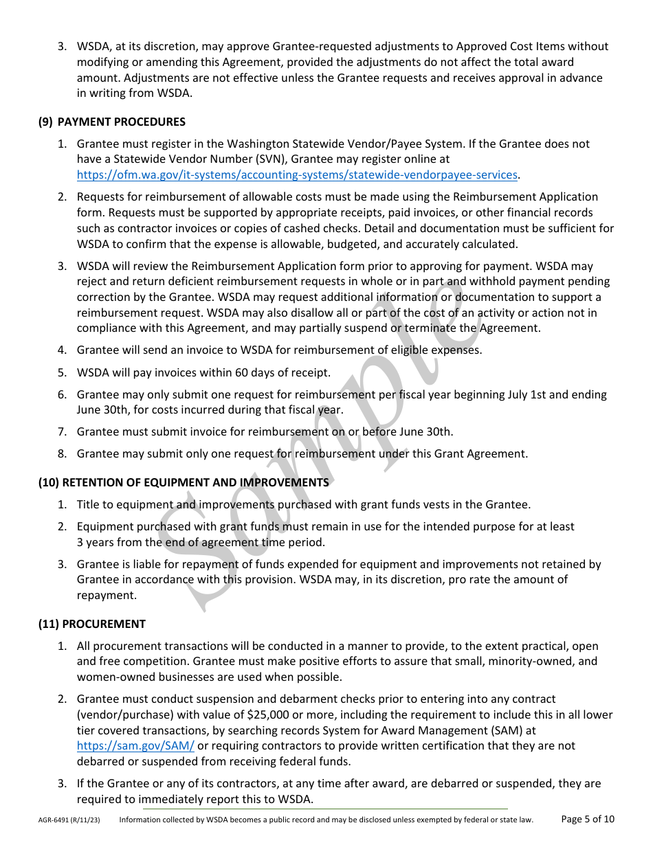Form AGR-6491 Grant Agreement Contract - Compost Reimbursement Program - Sample - Washington, Page 5