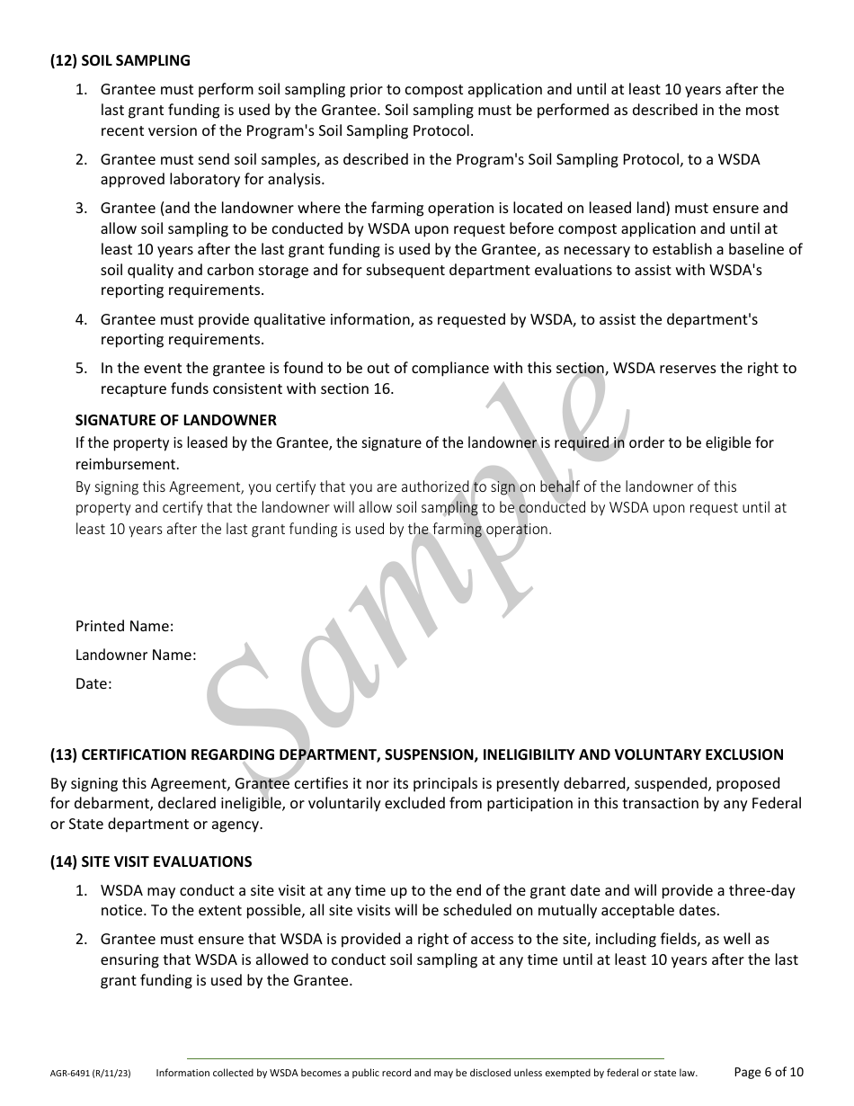 Form AGR-6491 Grant Agreement Contract - Compost Reimbursement Program - Sample - Washington, Page 6