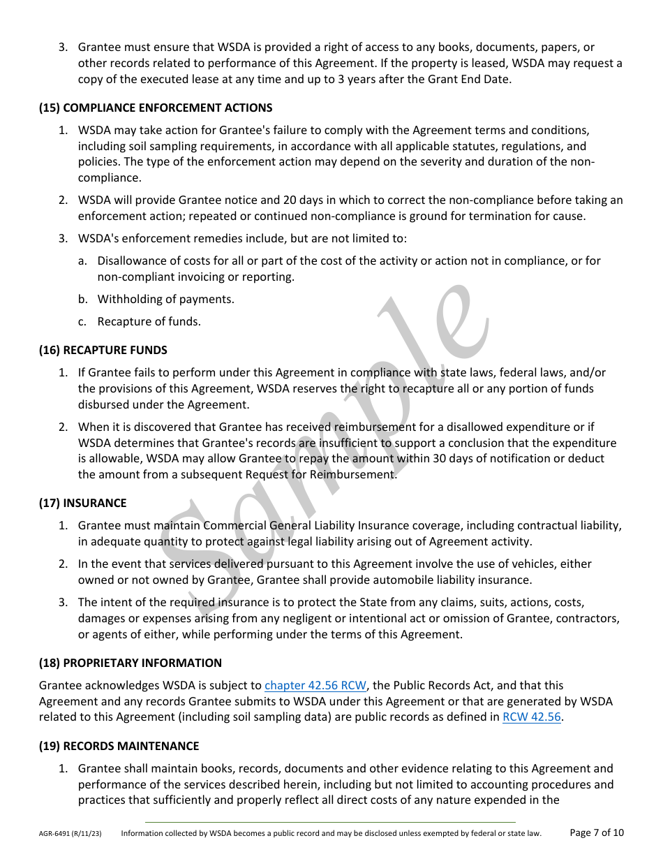 Form AGR-6491 Grant Agreement Contract - Compost Reimbursement Program - Sample - Washington, Page 7