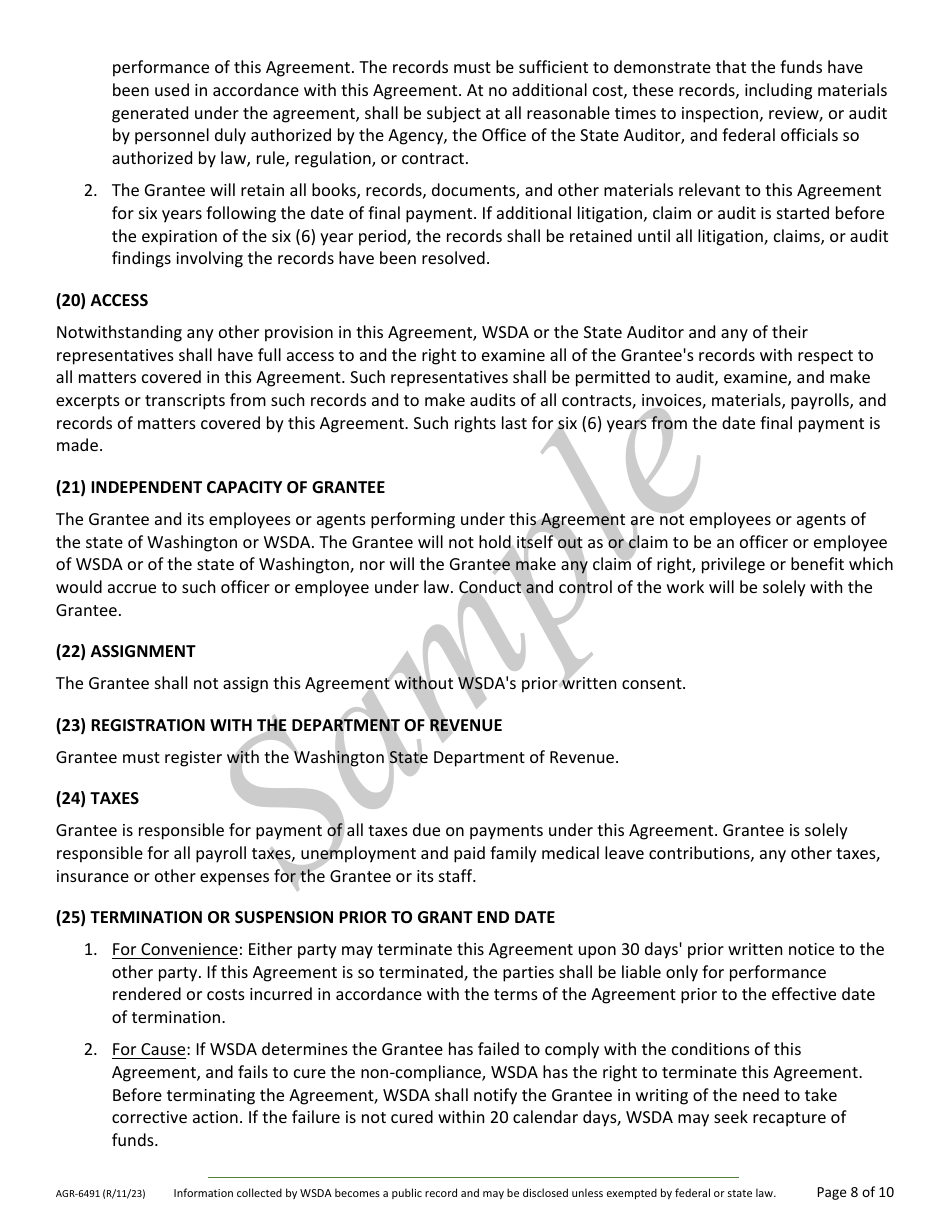 Form AGR-6491 Grant Agreement Contract - Compost Reimbursement Program - Sample - Washington, Page 8