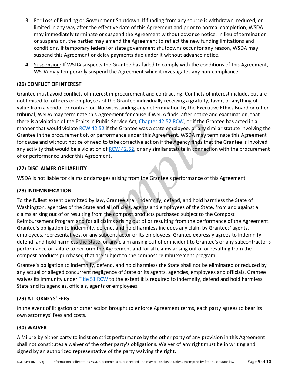 Form AGR-6491 Grant Agreement Contract - Compost Reimbursement Program - Sample - Washington, Page 9