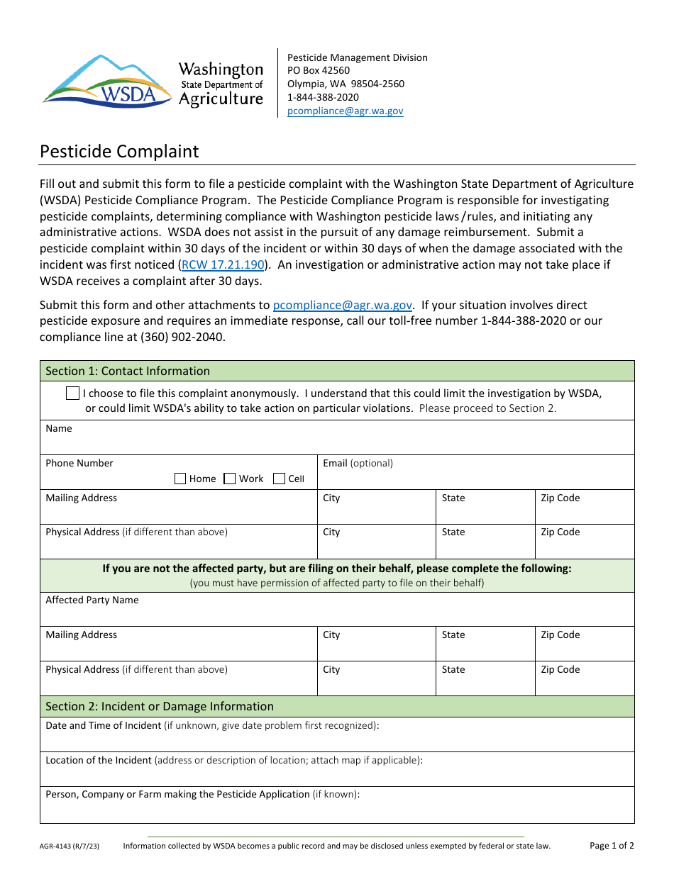 Form AGR-4143 Pesticide Complaint - Washington, Page 1