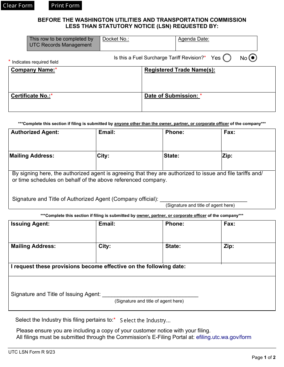 Form R Less Than Statutory Notice (Lsn) - Washington, Page 1