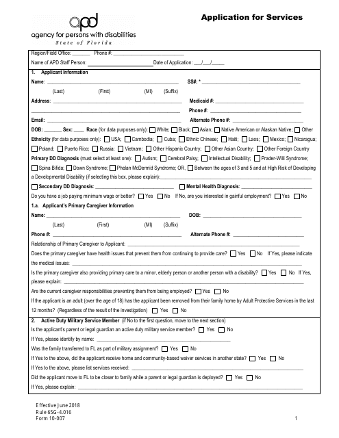 Form 10-007 Application for Services - Florida
