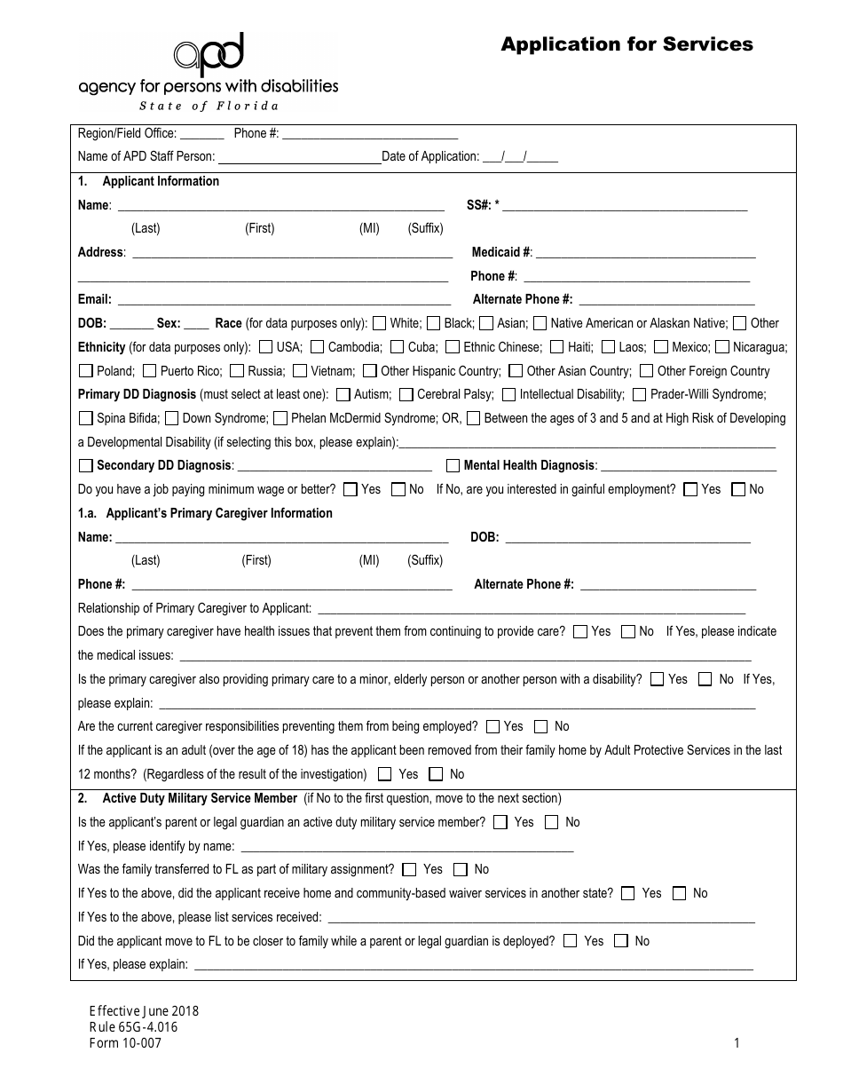 Form 10-007 Application for Services - Florida, Page 1