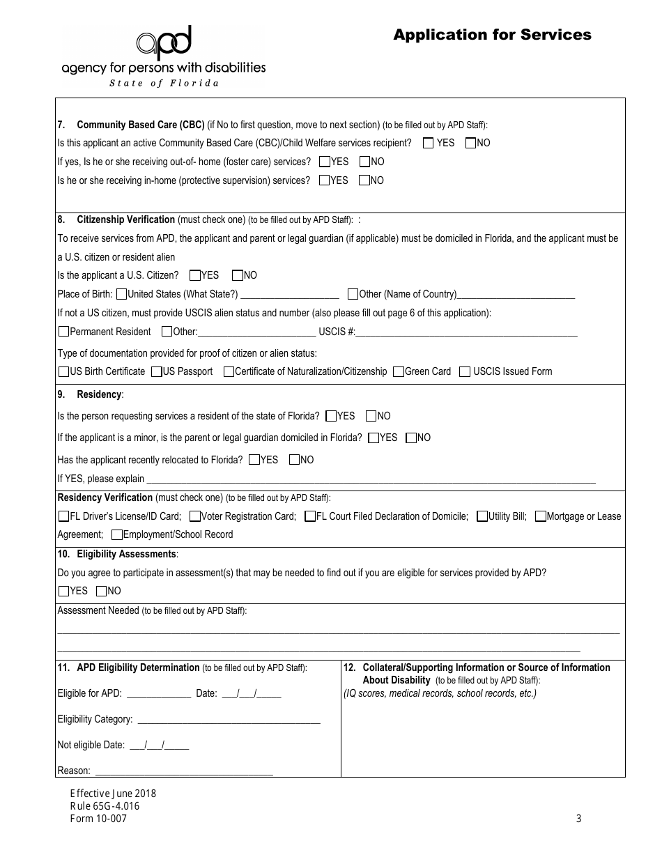 Form 10-007 Application for Services - Florida, Page 3