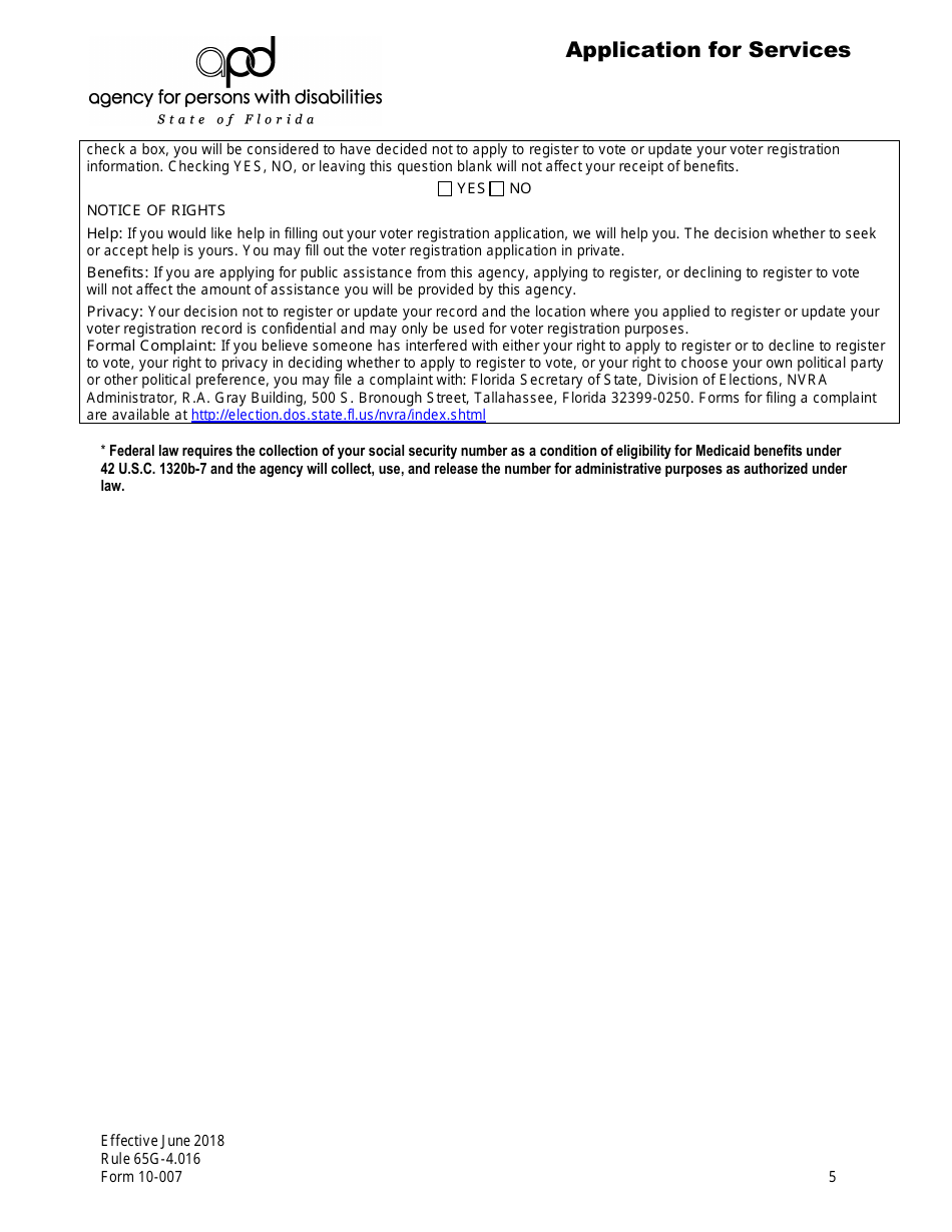 Form 10-007 Application for Services - Florida, Page 5