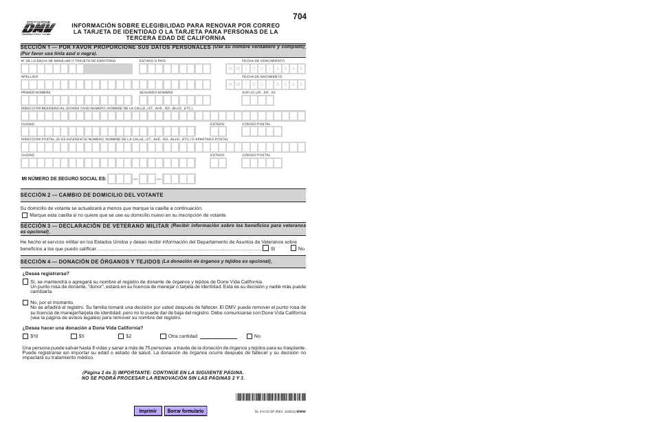 Formulario DL410 ID SP Informacion Sobre Elegibilidad Para Renovar Por Correo La Tarjeta De Identidad O La Tarjeta Para Personas De La Tercera Edad De California - California (Spanish), Page 2