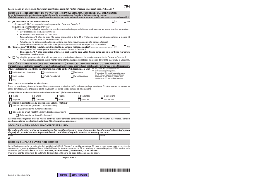 Formulario DL410 ID SP Informacion Sobre Elegibilidad Para Renovar Por Correo La Tarjeta De Identidad O La Tarjeta Para Personas De La Tercera Edad De California - California (Spanish), Page 3