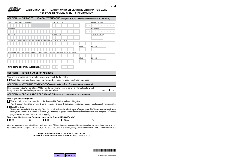 Form DL410 ID California Identification Card or Senior Identification Card Renewal by Mail Eligibility Information - California, Page 2