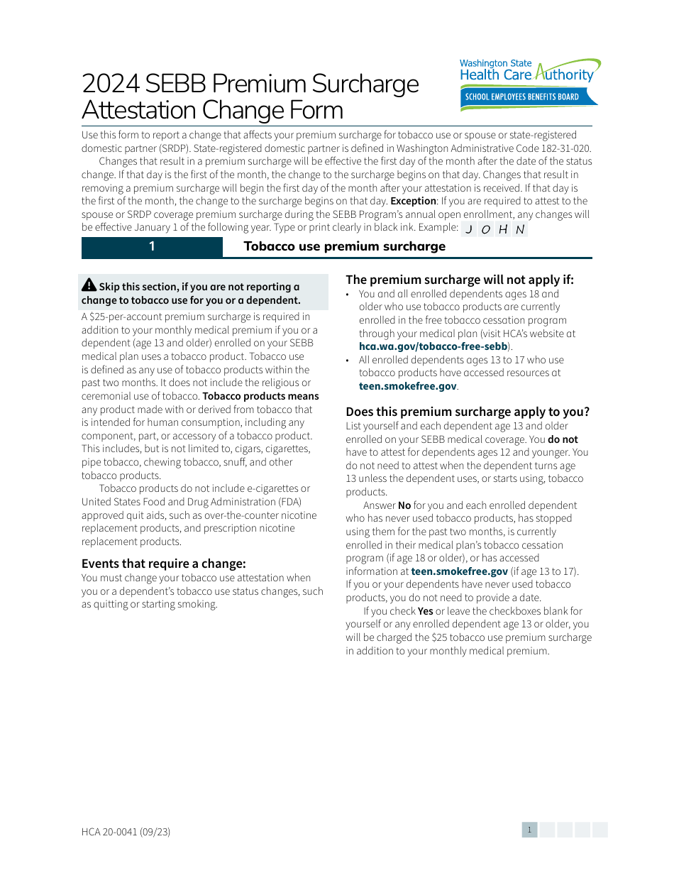 Form HCA20-0041 Sebb Premium Surcharge Attestation Change Form - Washington, Page 1