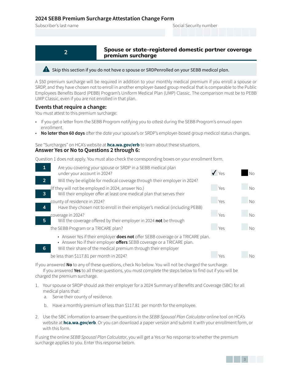 Form HCA20-0041 Sebb Premium Surcharge Attestation Change Form - Washington, Page 3