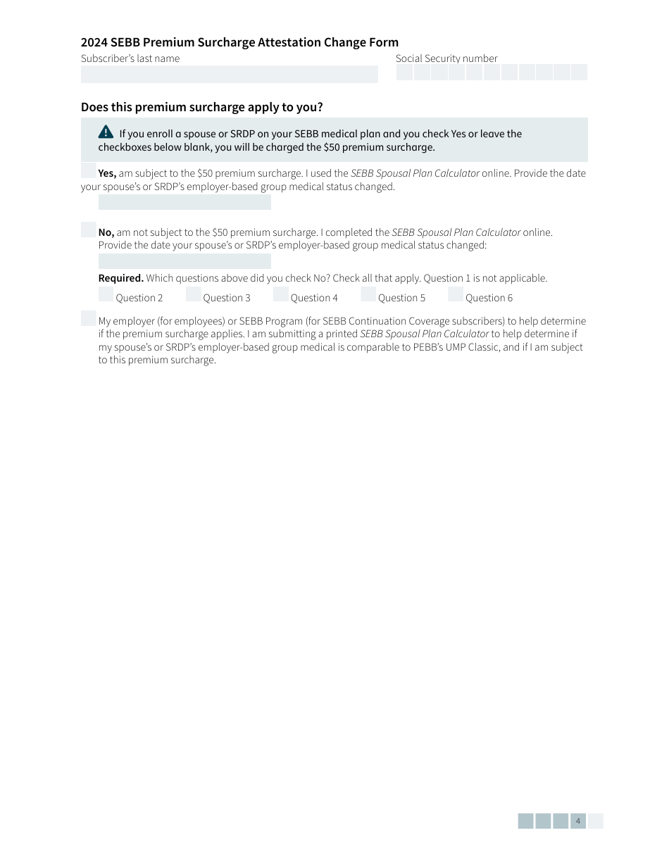 Form HCA20-0041 Sebb Premium Surcharge Attestation Change Form - Washington, Page 4