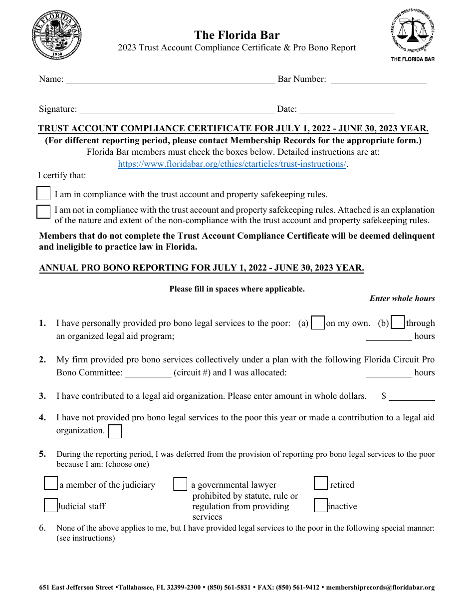 Trust Account Compliance Certificate  Pro Bono Report - Florida, Page 1