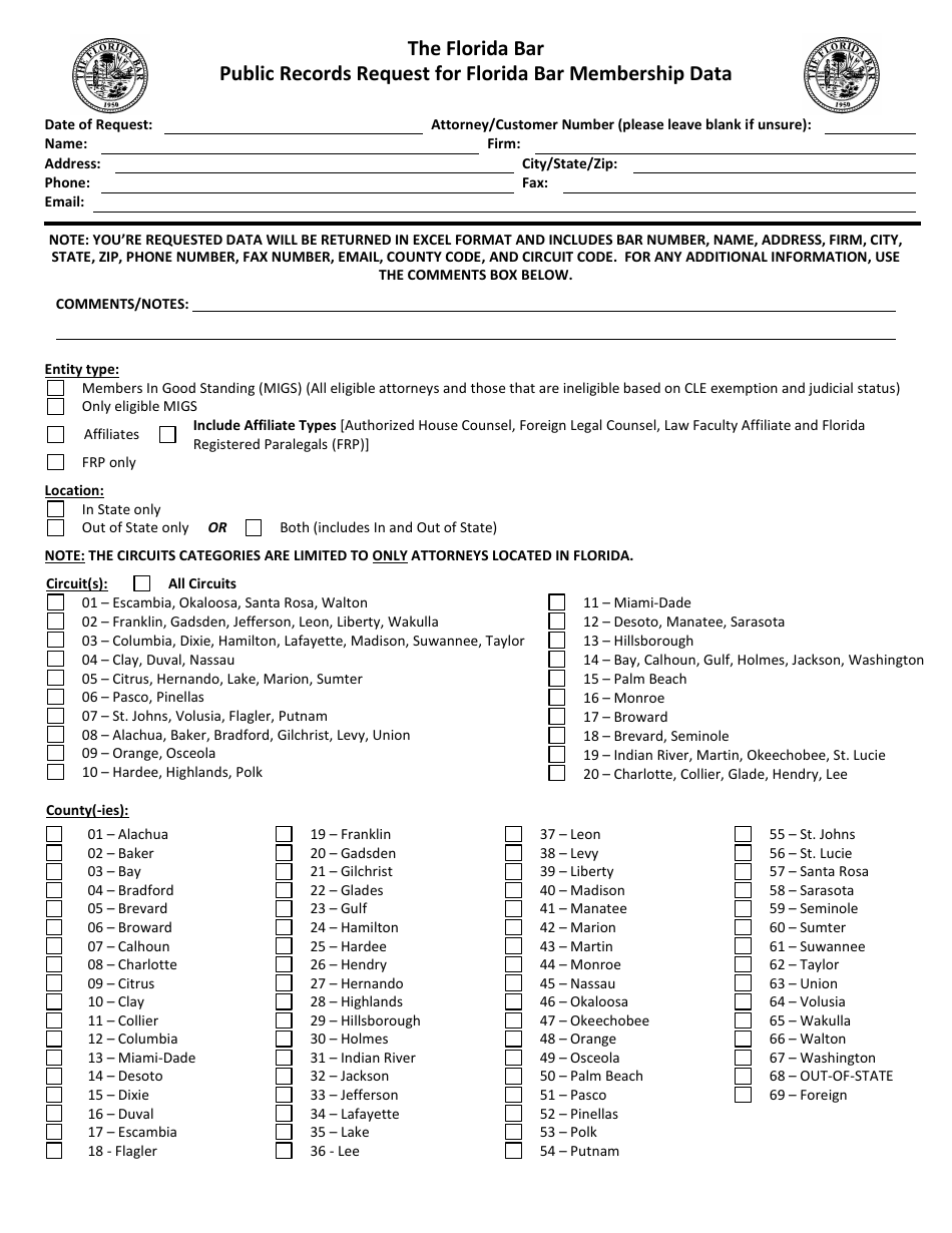 Florida Public Records Request for Florida Bar Membership Data Fill