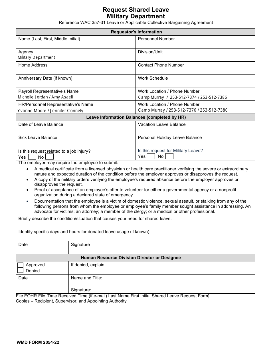 WMD Form 2054-22 Shared Leave Request Form - Washington, Page 1