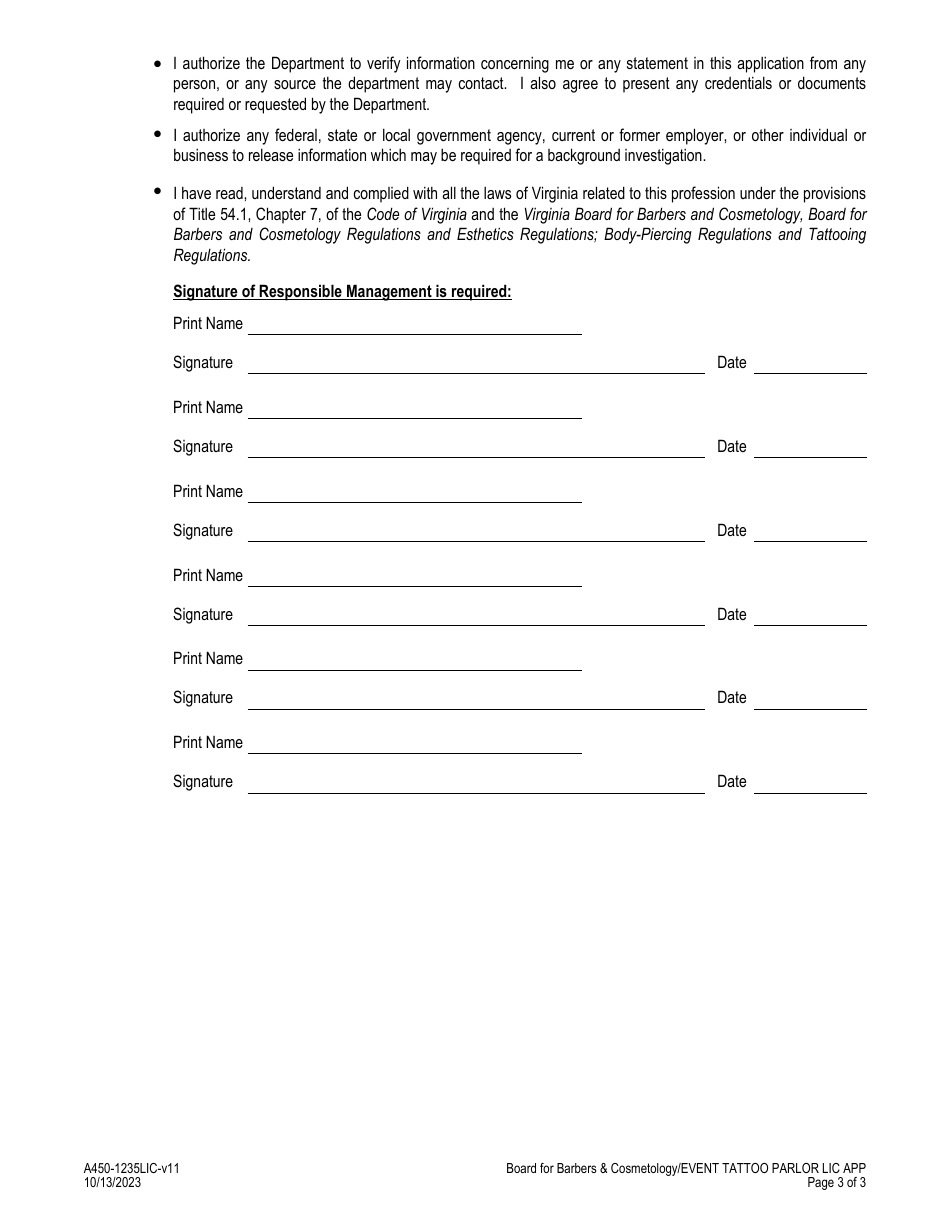 Form A450-1235LIC Event Tattoo Parlor License Application - Virginia, Page 3
