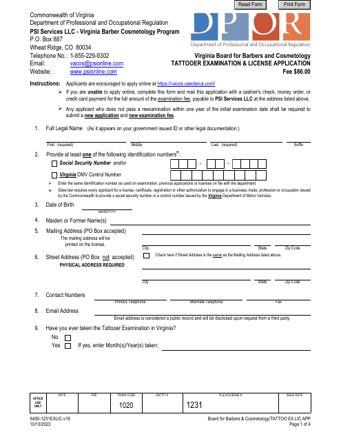 Form A450-1231EXLIC Tattooer Examination & License Application - Virginia