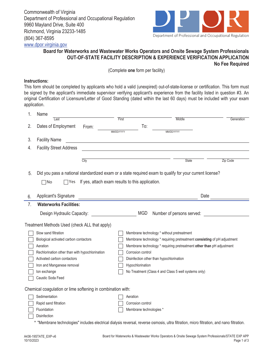 Form A436-19STATE_EXP Out-of-State Facility Description  Experience Verification Application - Virginia, Page 1