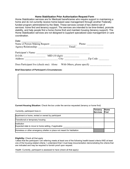 Home Stabilization Prior Authorization Request Form - Rhode Island Download Pdf