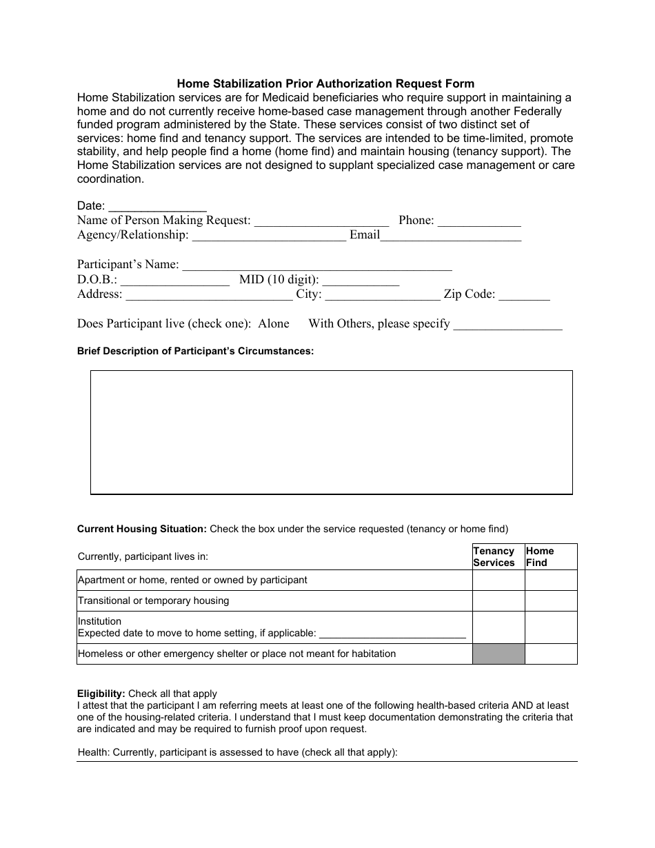 Rhode Island Home Stabilization Prior Authorization Request Form - Fill ...