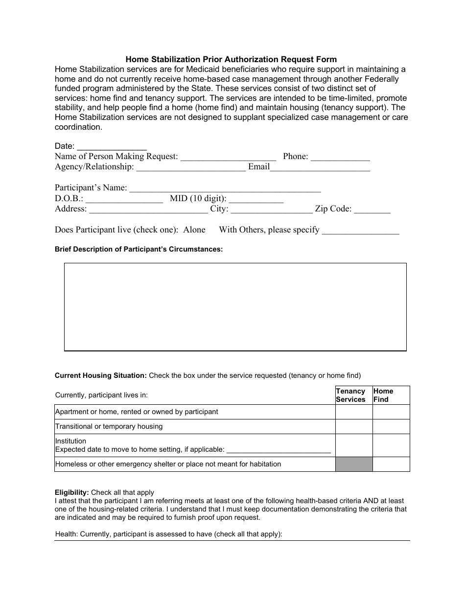 Home Stabilization Prior Authorization Request Form - Rhode Island, Page 1